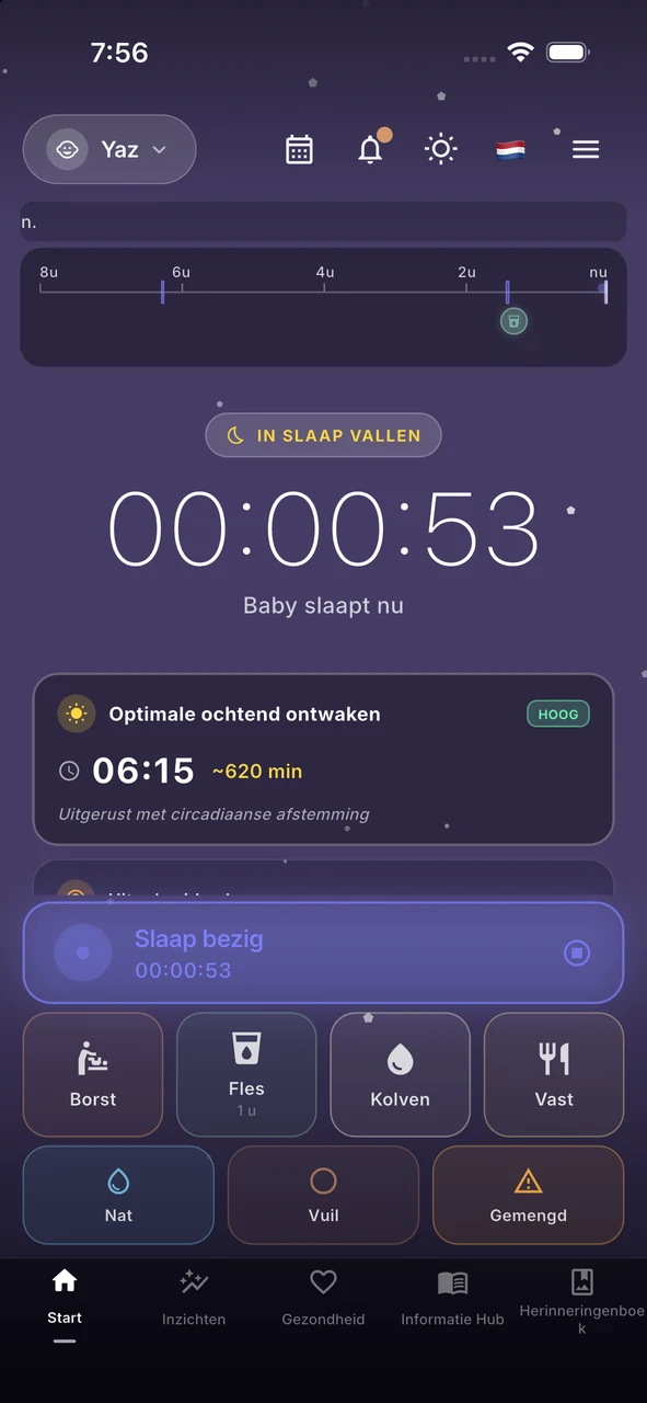 Whispie startscherm met slaapvoorspelling