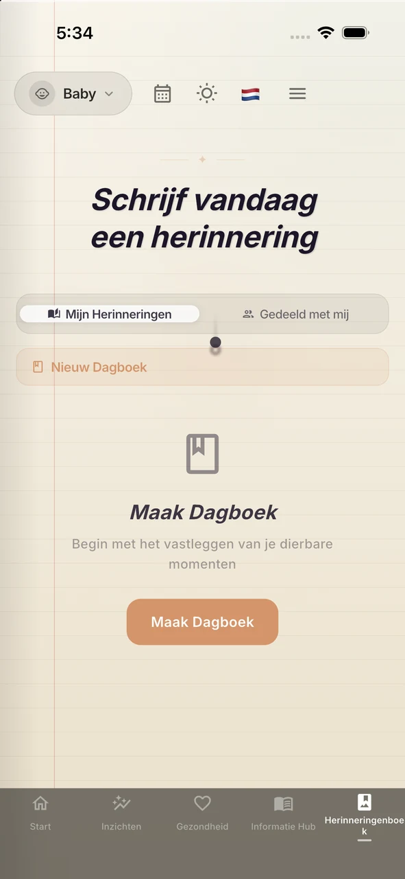 Whispie gezinsgeheugen-dagboek scherm