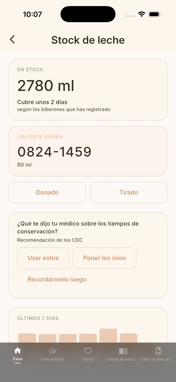 Stock de leche de Whispie: total guardado, qué usar ahora y qué caduca pronto