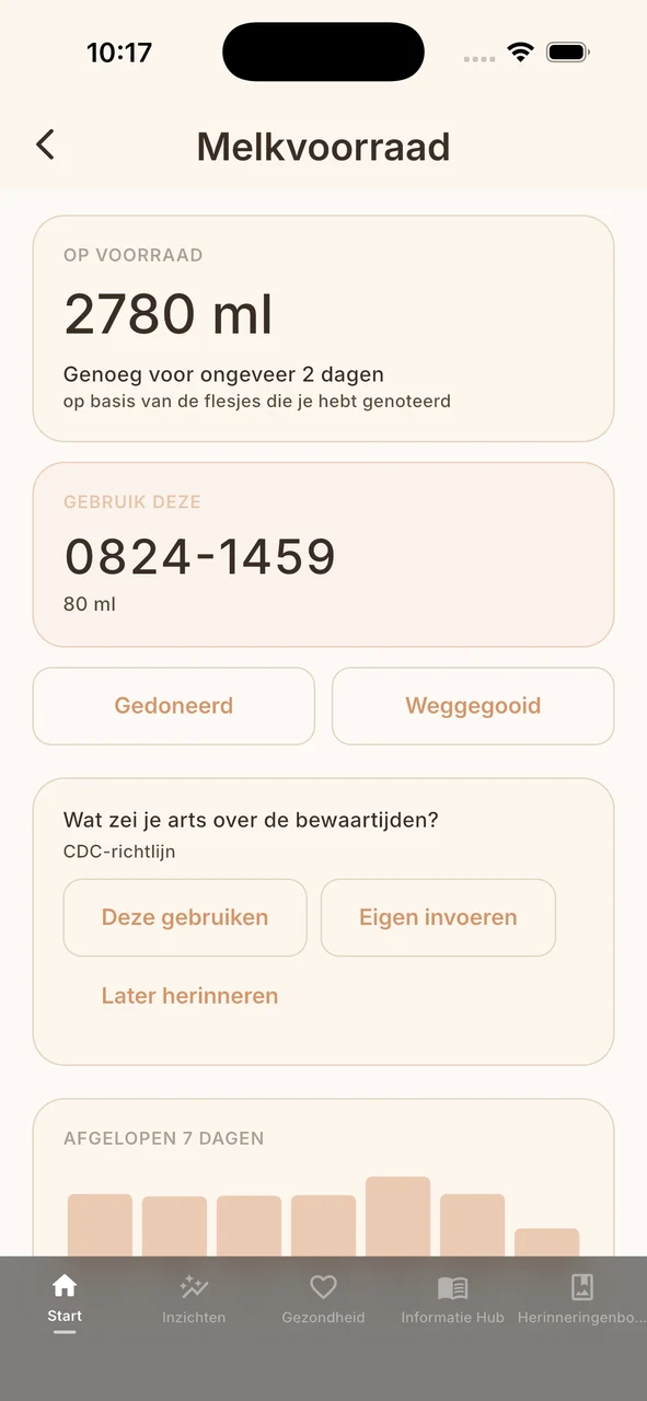 Whispie melkvoorraad: totaal op voorraad, welk zakje als eerste en wat bijna over datum is